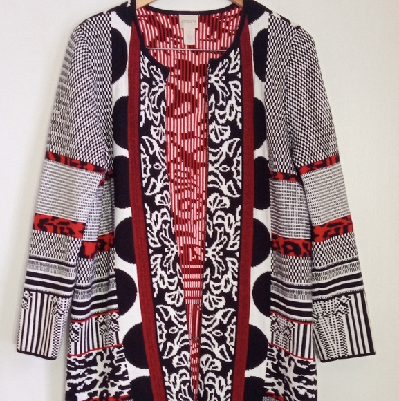 Chico's Black and Red Mixed Patterned Cardigan - Picture 1 of 10